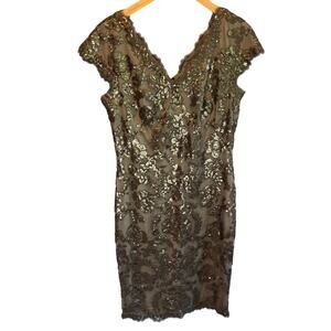 Tadashi Shoji Paillette Embroidered Lace V-neck Cap Sleeve Dress - size 12